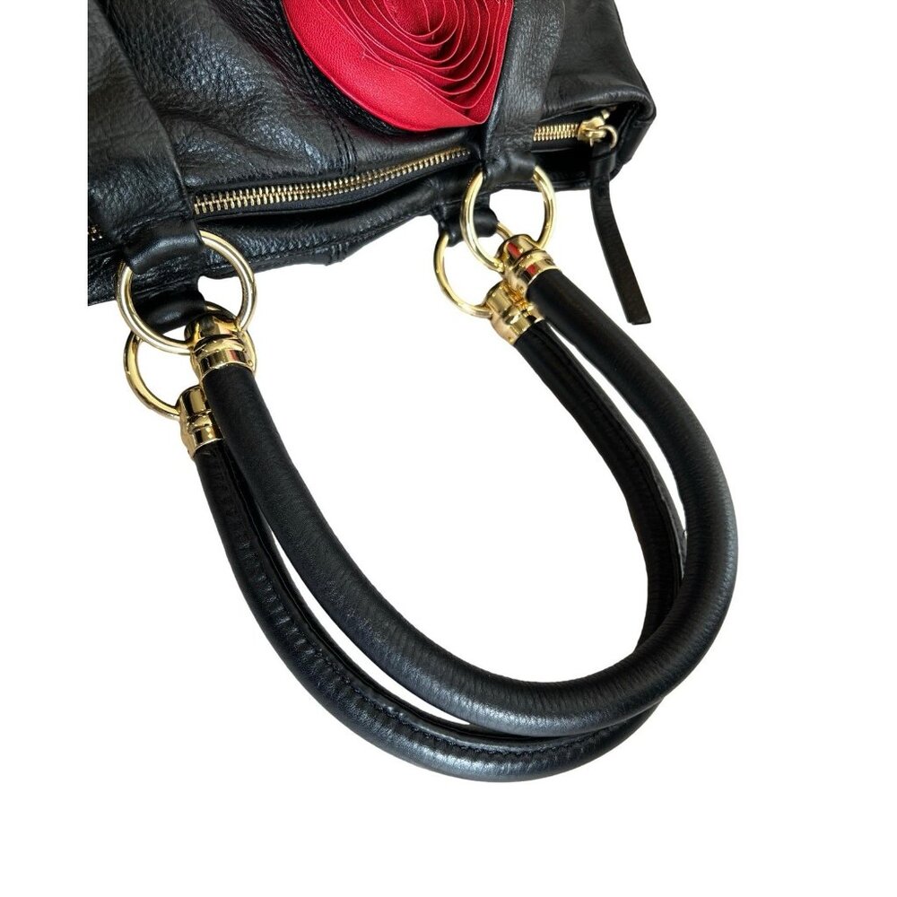 Antonio Melani Black Leather Shoulder Purse Rosebud Accents Gold Metal - Picture 6 of 11